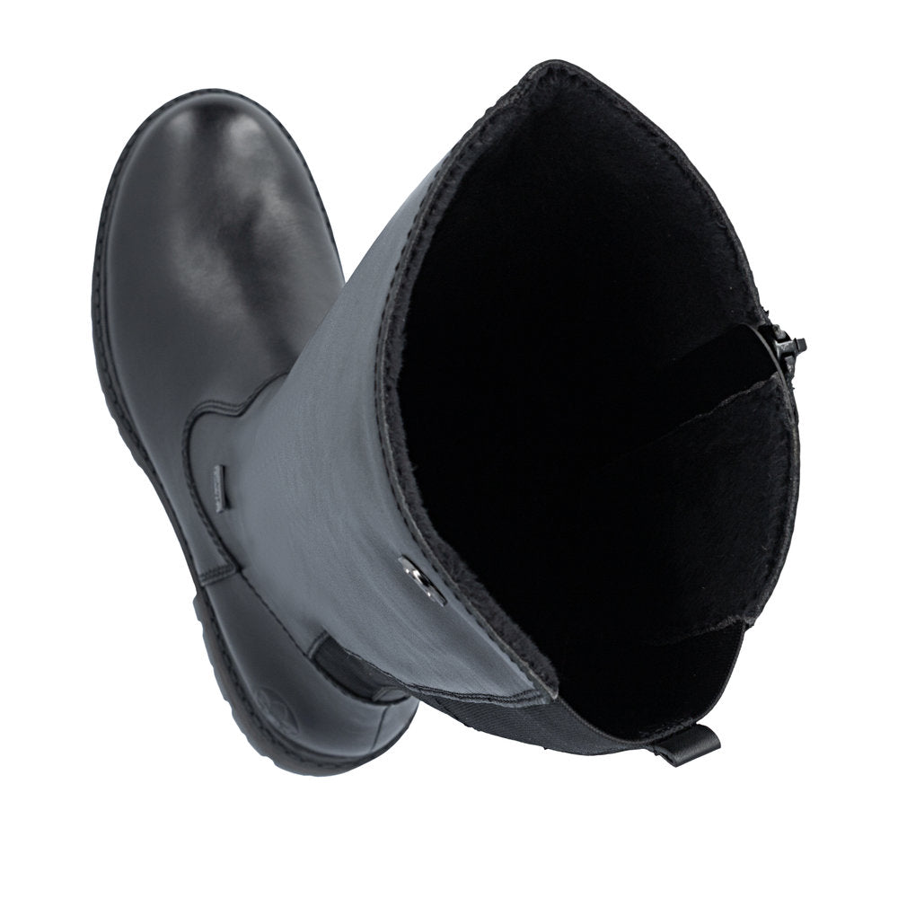 Rieker 75850-00 women's wide black leather water resistant side zip knee high boots, two-angle product view.