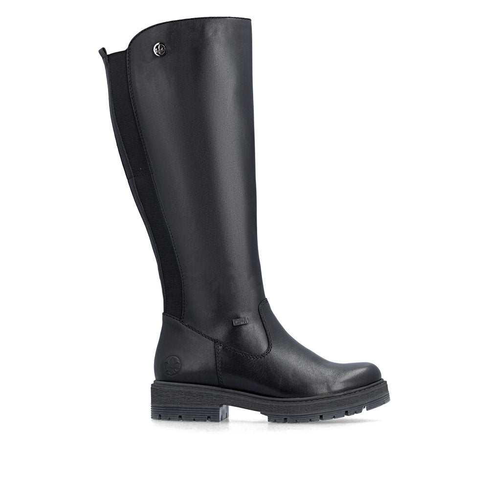 Rieker 75850-00 women's wide black leather water resistant side zip knee high boots, opposite side view.
