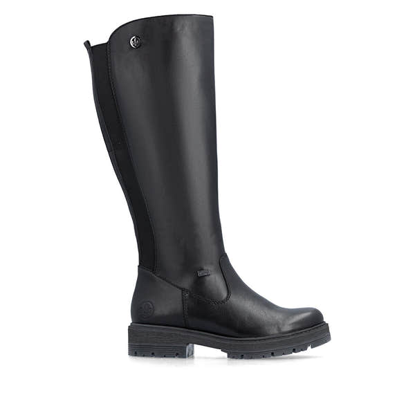 Rieker 75850-00 women's wide black leather water resistant side zip knee high boots, opposite side view.