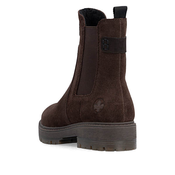 Rieker 75860-25 women's wide brown leather side zip chelsea ankle boots, rear three-quarter view.