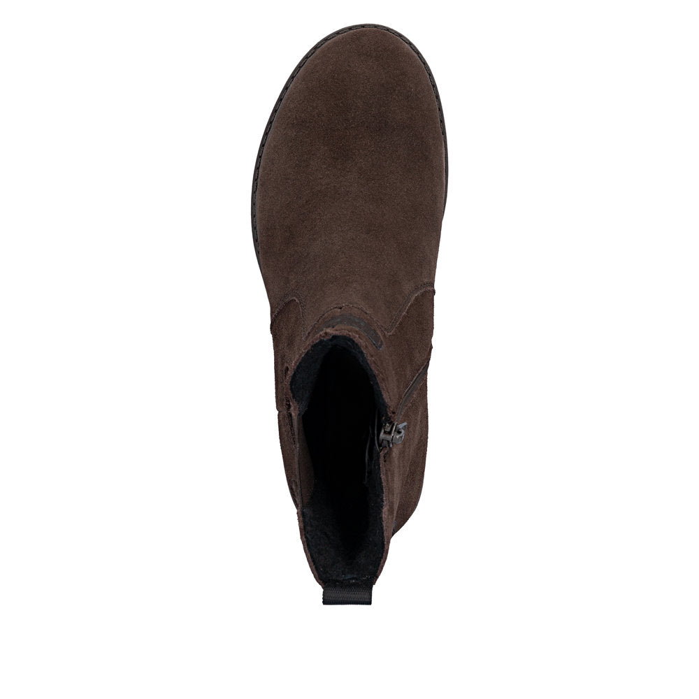 Rieker 75860-25 women's wide brown leather side zip chelsea ankle boots, top view.