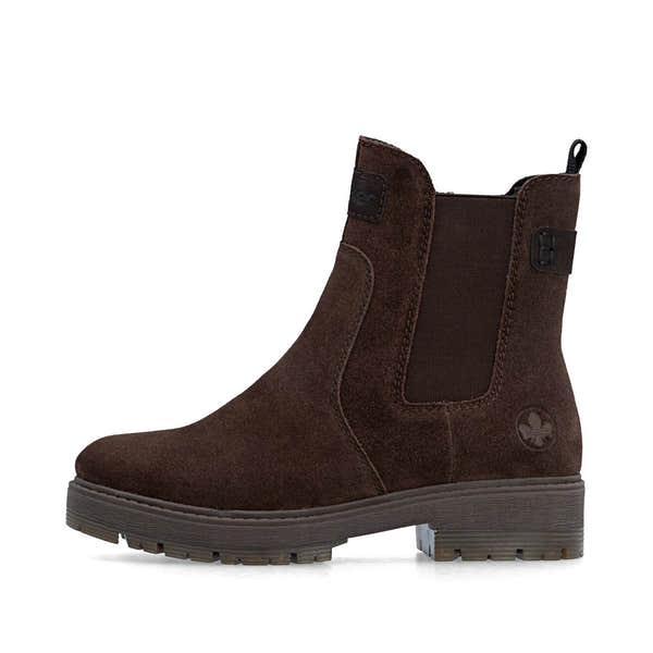 Rieker 75860-25 women's wide brown leather side zip chelsea ankle boots, inner side view.