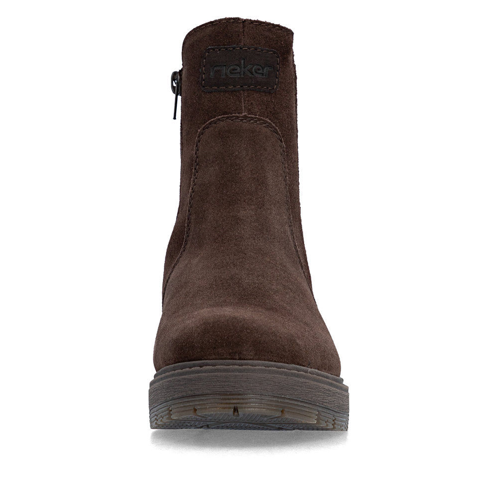 Rieker 75860-25 women's wide brown leather side zip chelsea ankle boots, front view.