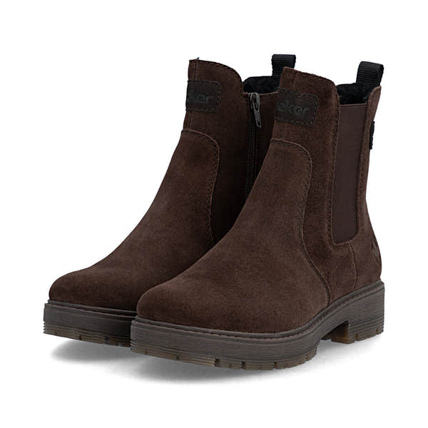 Rieker 75860-25 women's wide brown leather side zip chelsea ankle boots, paired three-quarter view.