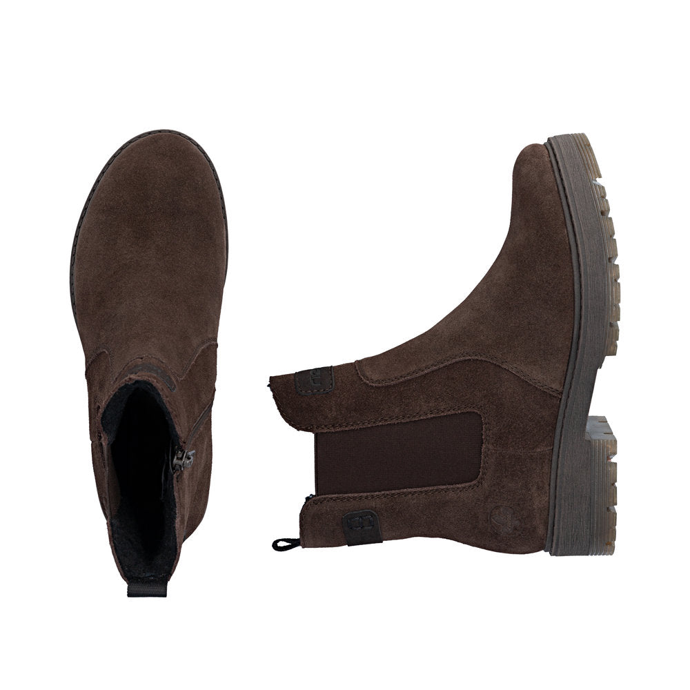 Rieker 75860-25 women's wide brown leather side zip chelsea ankle boots, two-angle product view.