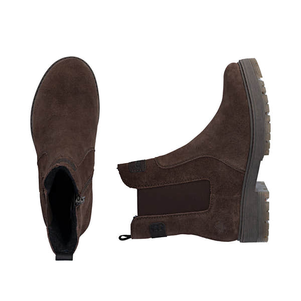Rieker 75860-25 women's wide brown leather side zip chelsea ankle boots, two-angle product view.