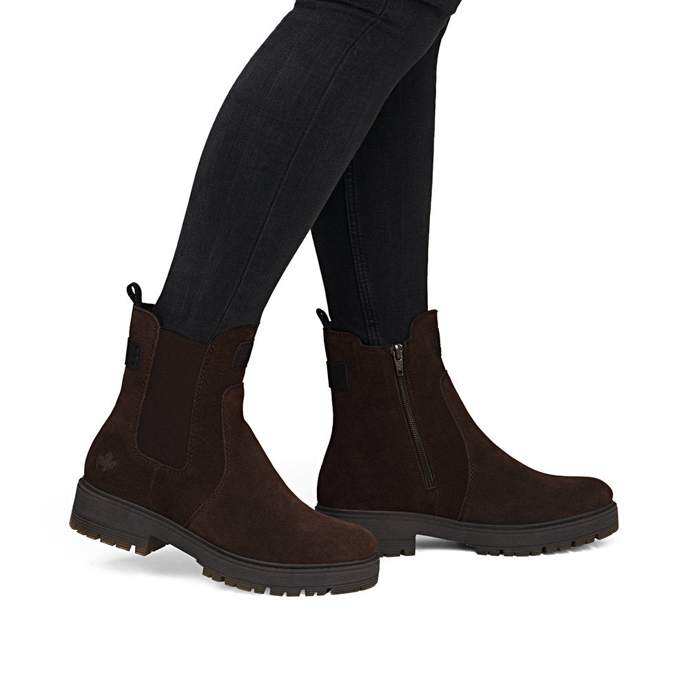 Rieker 75860-25 women's wide brown leather side zip chelsea ankle boots, on-foot lifestyle view.