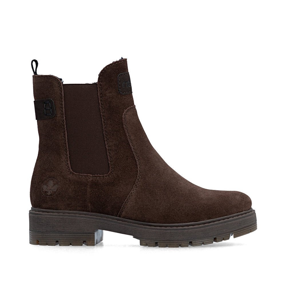 Rieker 75860-25 women's wide brown leather side zip chelsea ankle boots, opposite side view.