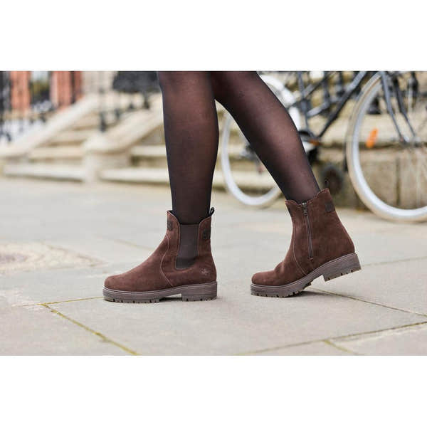 Rieker 75860-25 women's wide brown leather side zip chelsea ankle boots, lifestyle view 9 of 11.