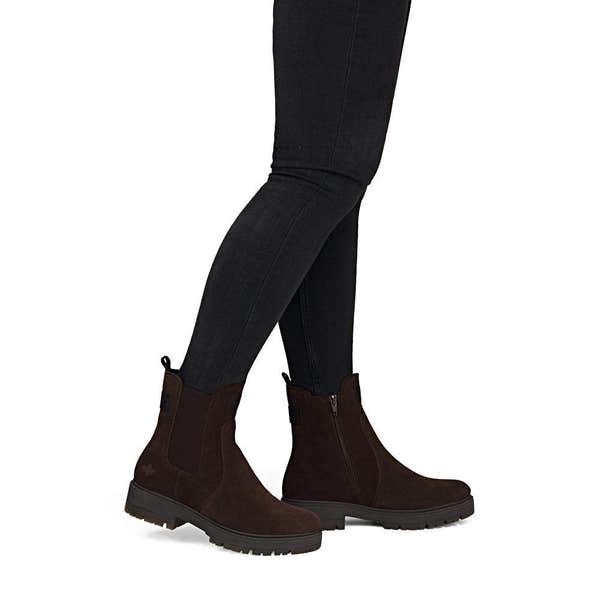 Rieker 75860-25 women's wide brown leather side zip chelsea ankle boots, on-foot lifestyle view.