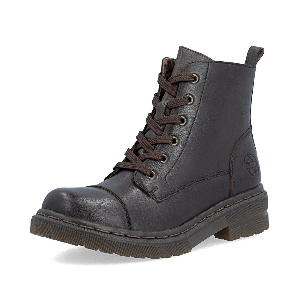 Rieker 78202-25 women's brown leather zip & lace ankle boots, front three-quarter view.