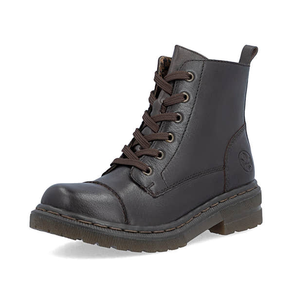 Rieker 78202-25 women's brown leather zip & lace ankle boots, front three-quarter view.