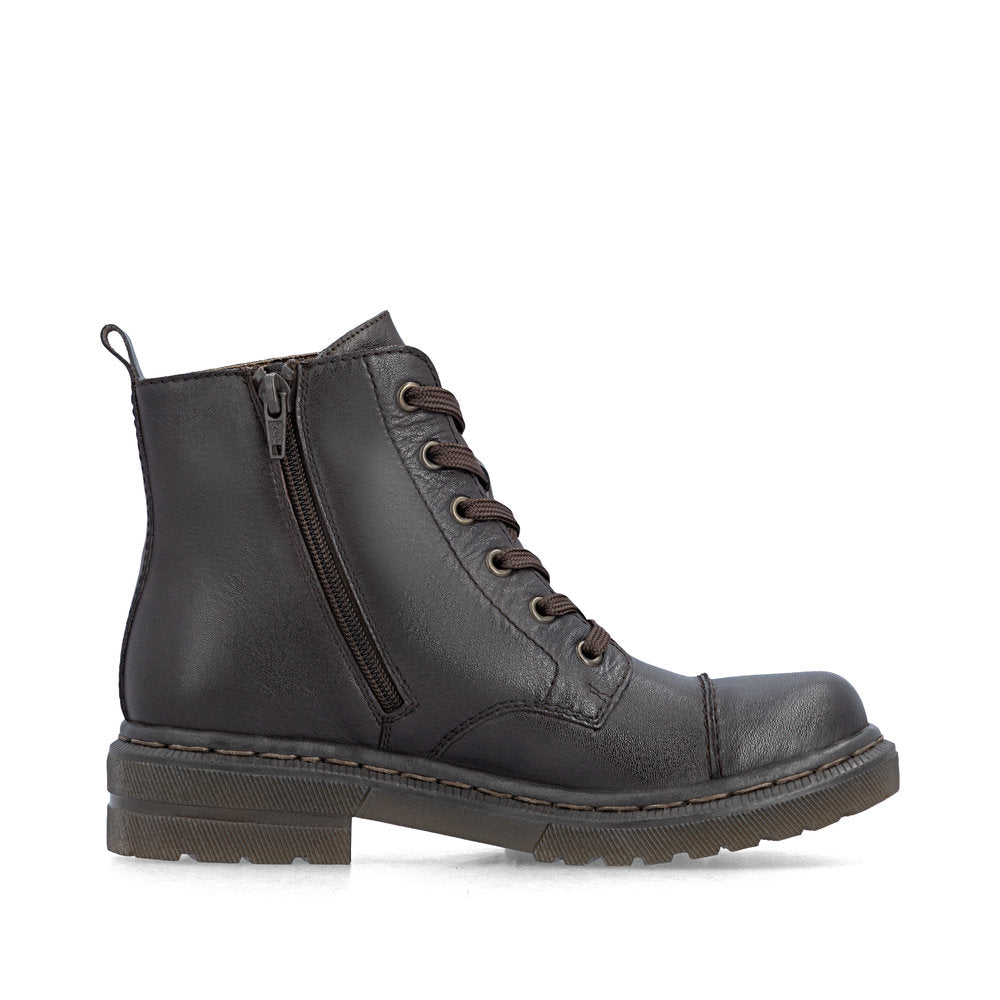 Rieker 78202-25 women's brown leather zip & lace ankle boots, outer side view.