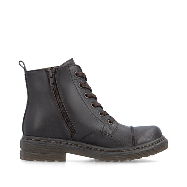 Rieker 78202-25 women's brown leather zip & lace ankle boots, outer side view.