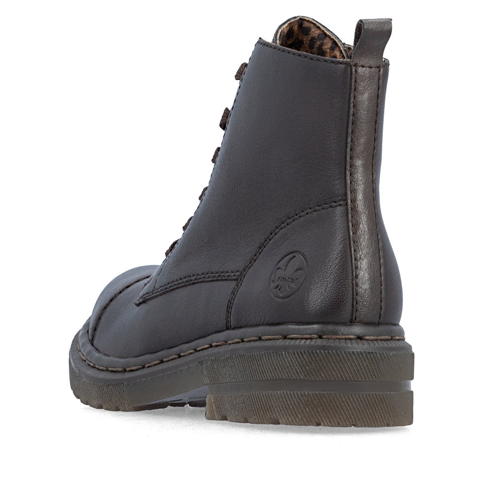 Rieker 78202-25 women's brown leather zip & lace ankle boots, rear three-quarter view.