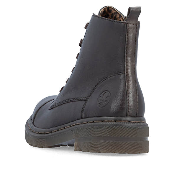 Rieker 78202-25 women's brown leather zip & lace ankle boots, rear three-quarter view.