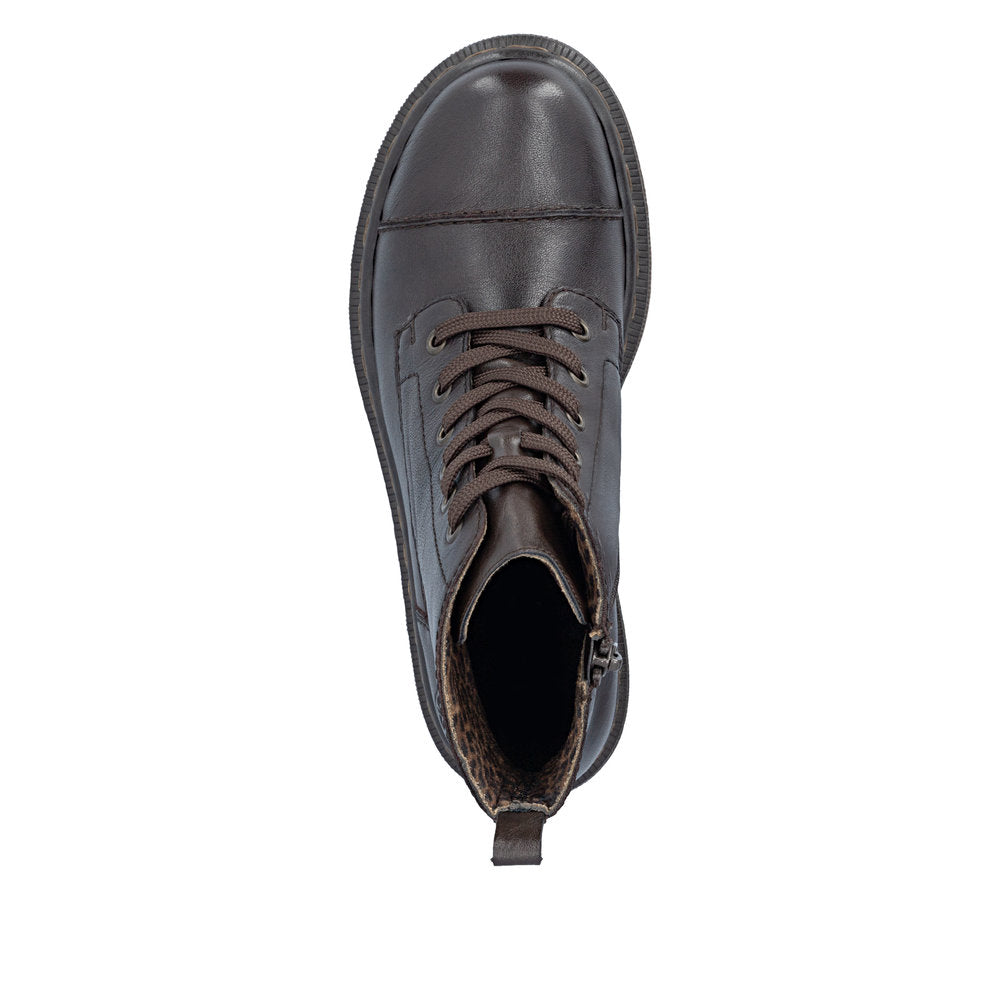 Rieker 78202-25 women's brown leather zip & lace ankle boots, top view.