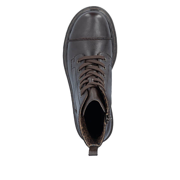 Rieker 78202-25 women's brown leather zip & lace ankle boots, top view.