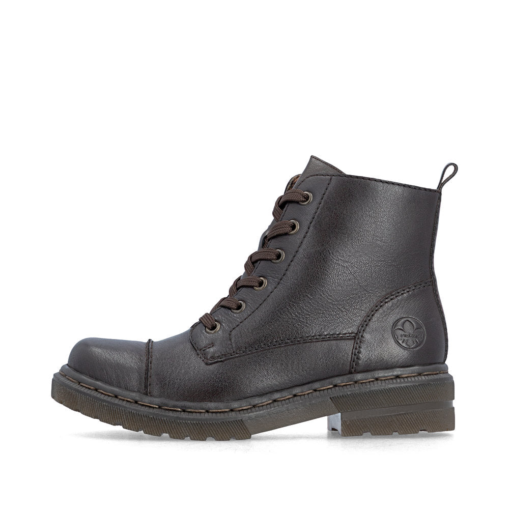 Rieker 78202-25 women's brown leather zip & lace ankle boots, inner side view.