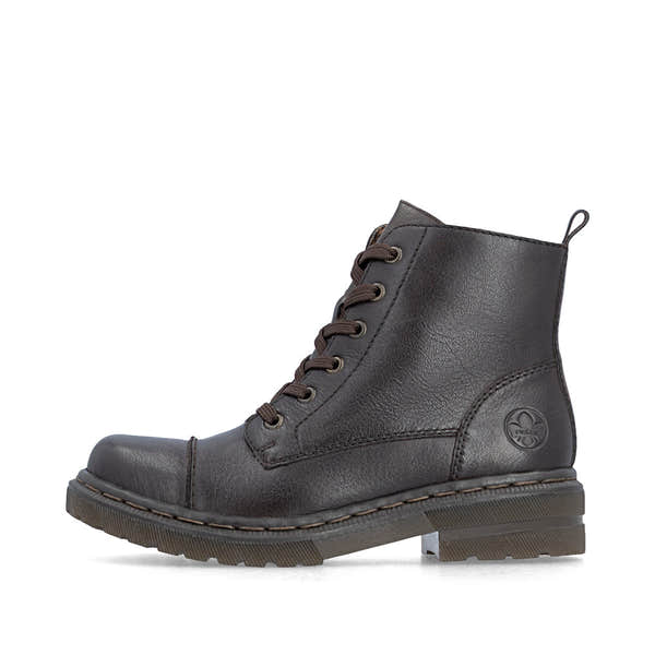 Rieker 78202-25 women's brown leather zip & lace ankle boots, inner side view.