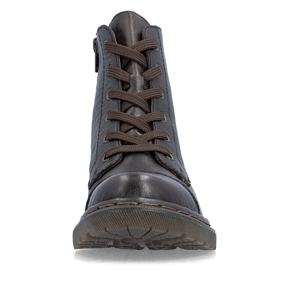 Rieker 78202-25 women's brown leather zip & lace ankle boots, front view.