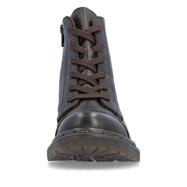Rieker 78202-25 women's brown leather zip & lace ankle boots, front view.