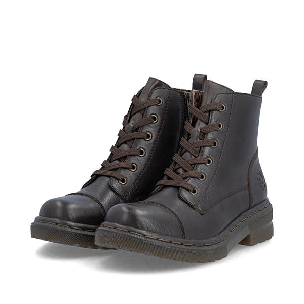 Rieker 78202-25 women's brown leather zip & lace ankle boots, paired three-quarter view.