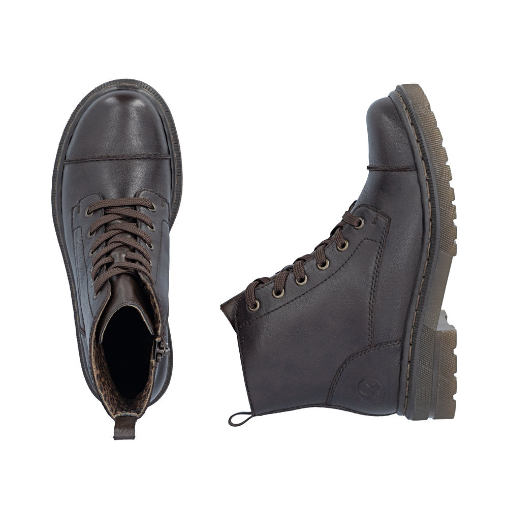 Rieker 78202-25 women's brown leather zip & lace ankle boots, two-angle product view.