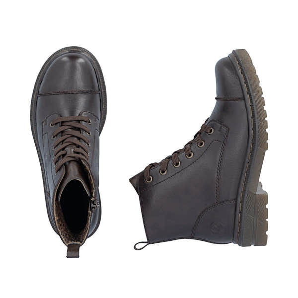 Rieker 78202-25 women's brown leather zip & lace ankle boots, two-angle product view.