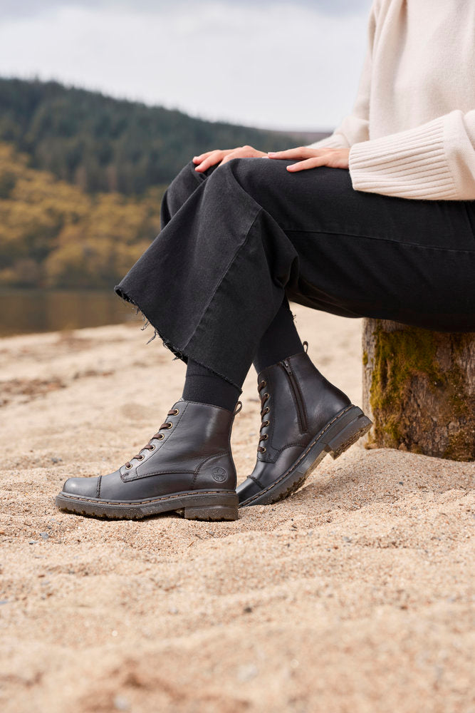 Rieker 78202-25 women's brown leather zip & lace ankle boots, lifestyle view 5 of 5.