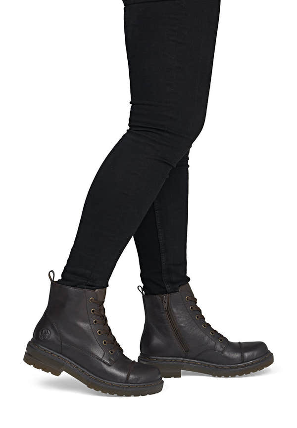 Rieker 78202-25 women's brown leather zip & lace ankle boots, on-foot lifestyle view.