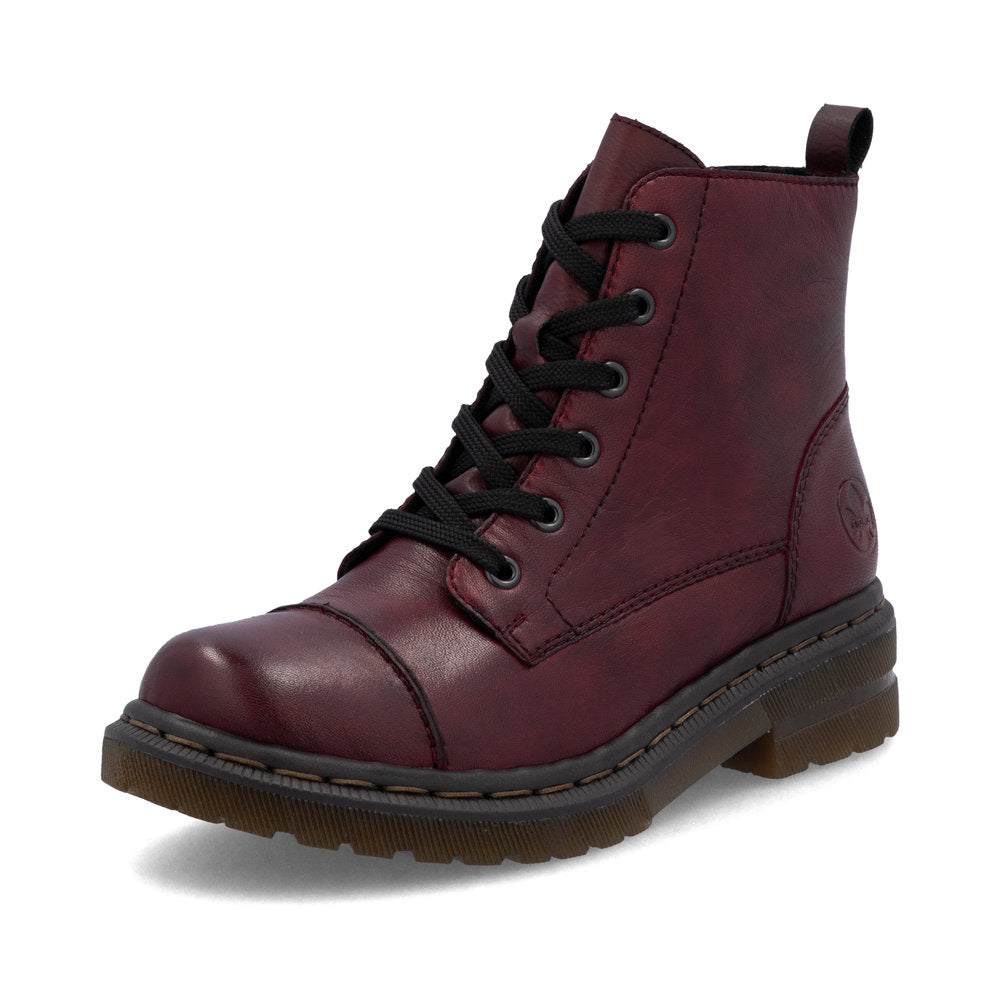 Rieker 78202-35 women's wine leather zip & lace ankle boots, front three-quarter view.