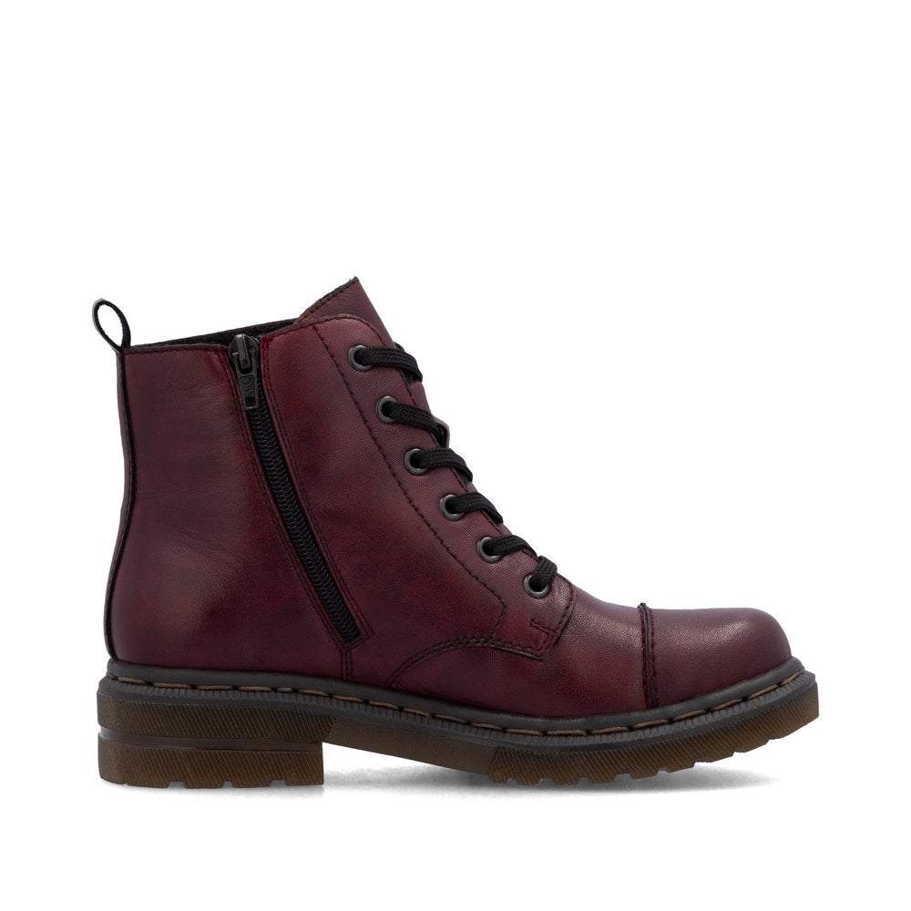 Rieker 78202-35 women's wine leather zip & lace ankle boots, outer side view.