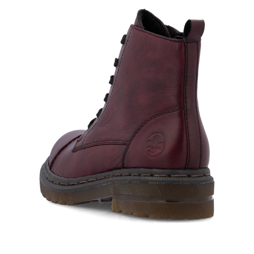 Rieker 78202-35 women's wine leather zip & lace ankle boots, rear three-quarter view.