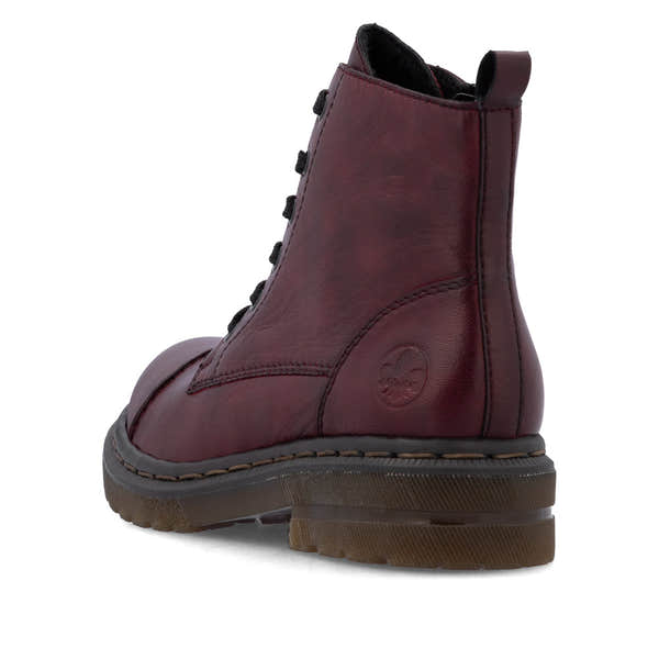 Rieker 78202-35 women's wine leather zip & lace ankle boots, rear three-quarter view.