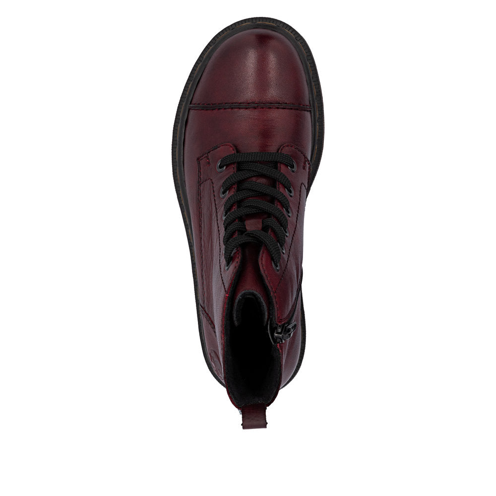 Rieker 78202-35 women's wine leather zip & lace ankle boots, top view.