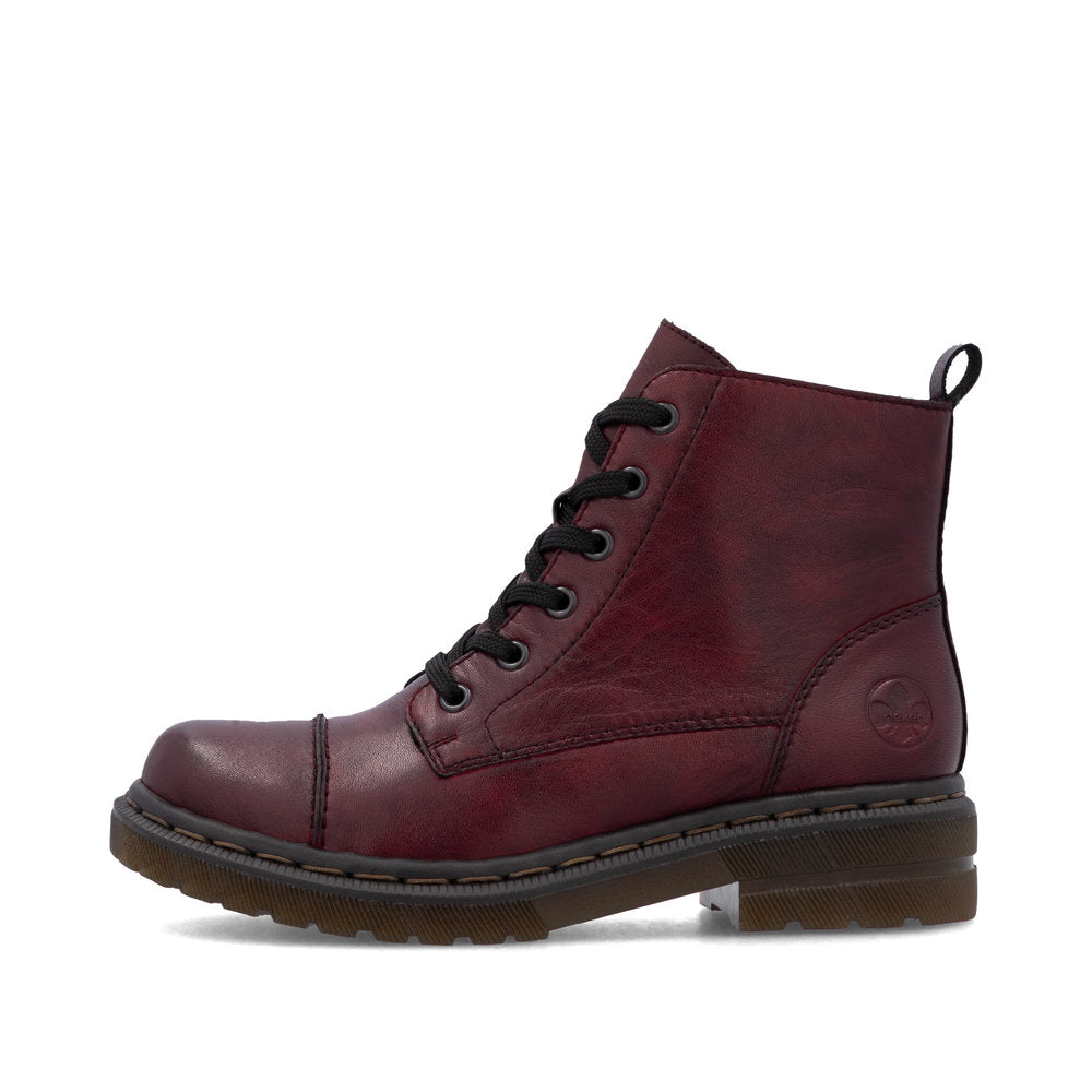 Rieker 78202-35 women's wine leather zip & lace ankle boots, inner side view.