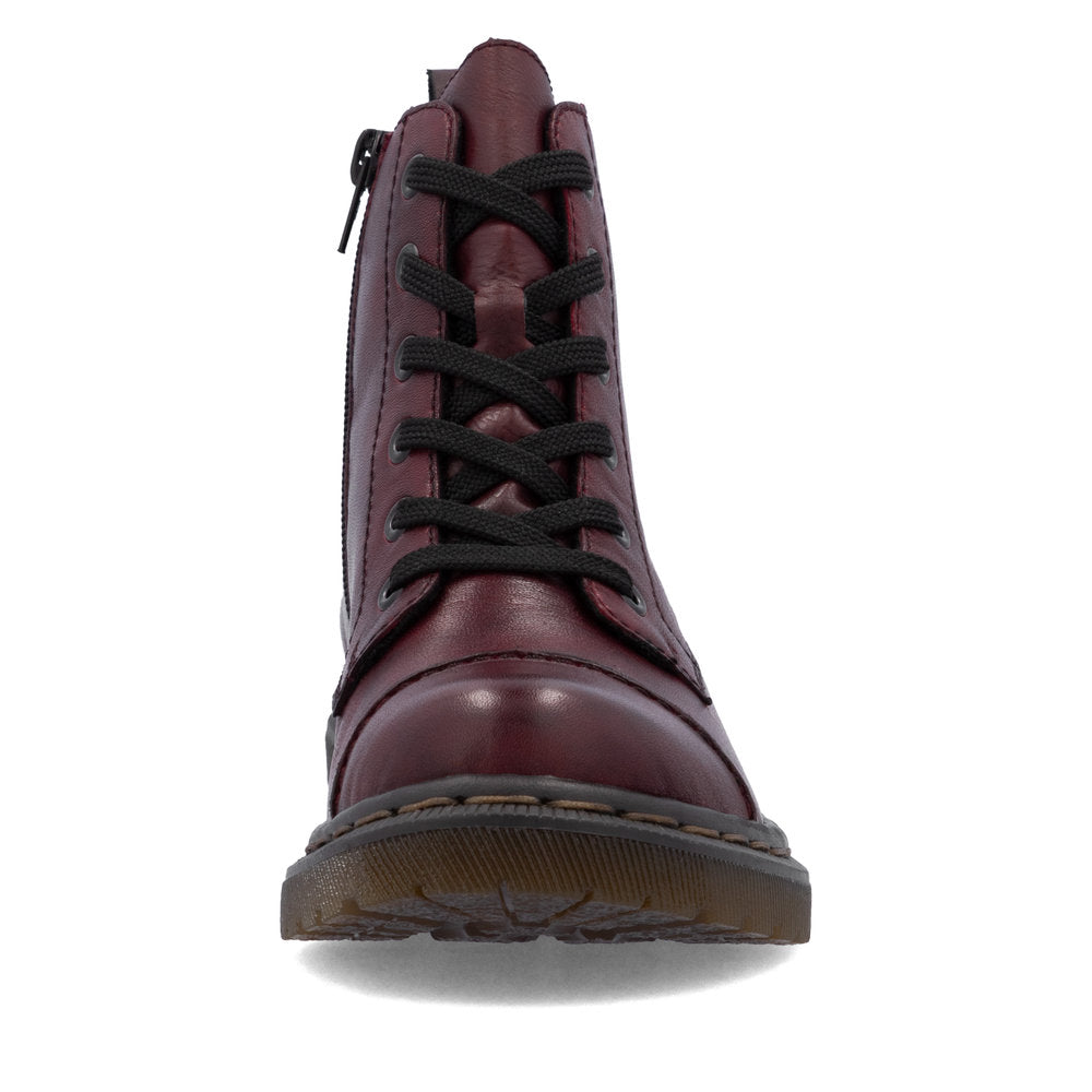 Rieker 78202-35 women's wine leather zip & lace ankle boots, front view.