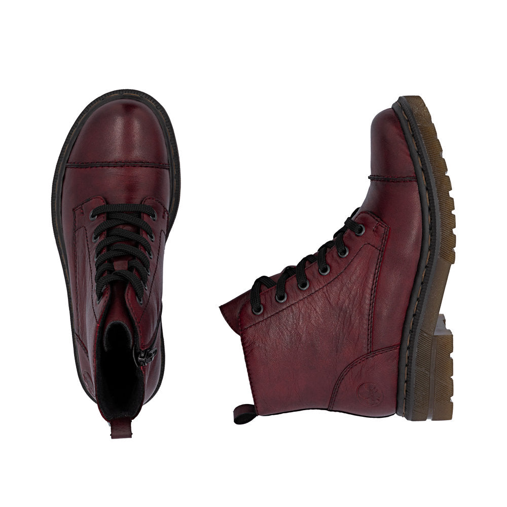 Rieker 78202-35 women's wine leather zip & lace ankle boots, two-angle product view.