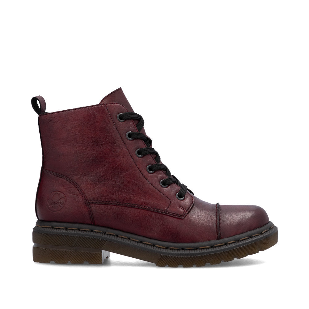 Rieker 78202-35 women's wine leather zip & lace ankle boots, opposite side view.