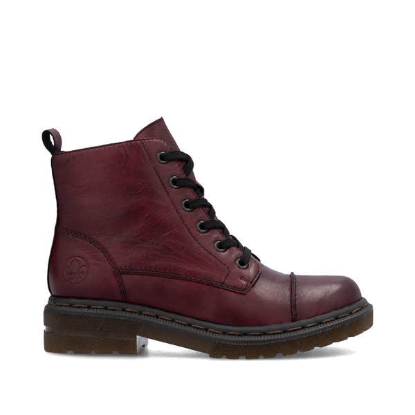 Rieker 78202-35 women's wine leather zip & lace ankle boots, opposite side view.