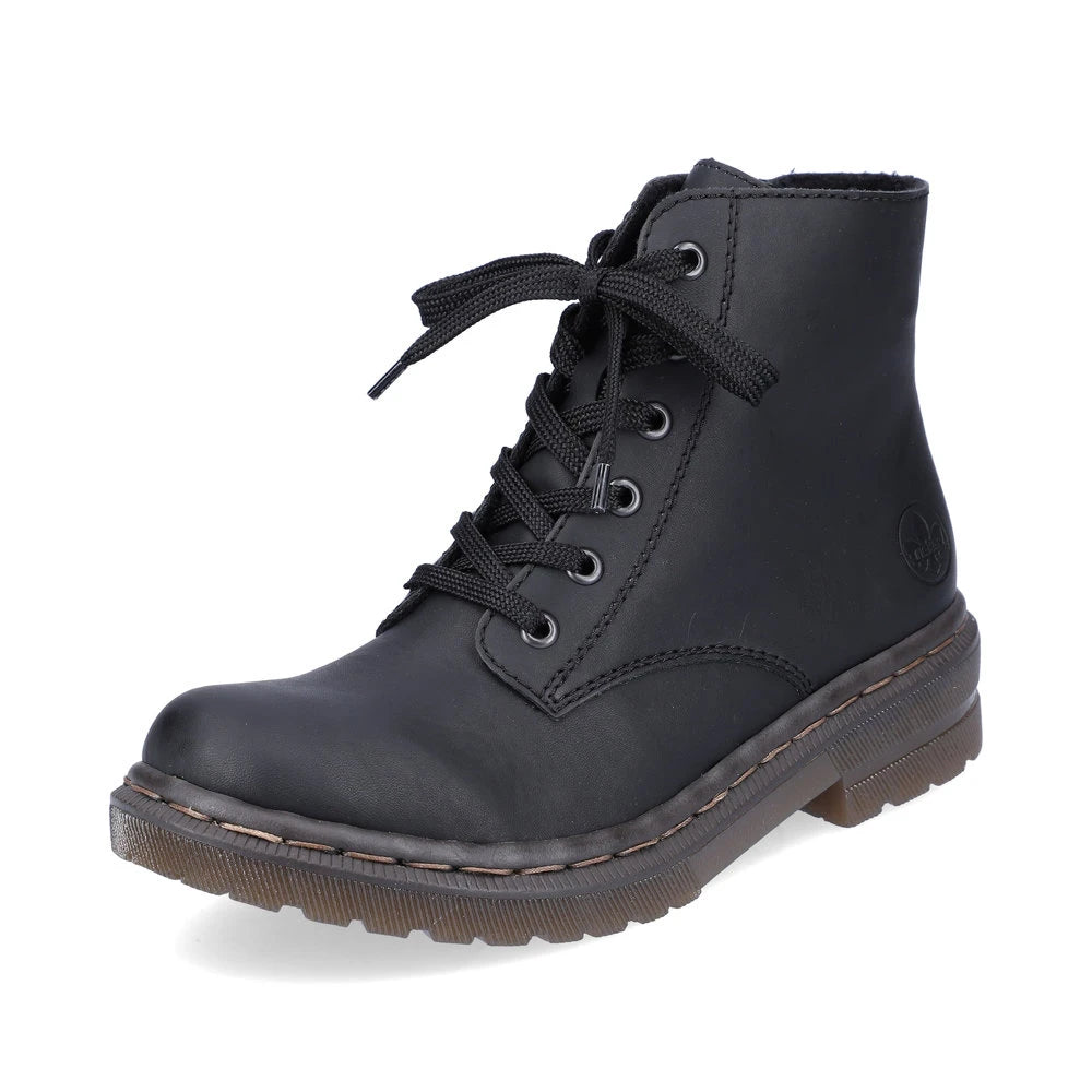 Rieker 78240-00 women's black zip & lace ankle boots, front three-quarter view.