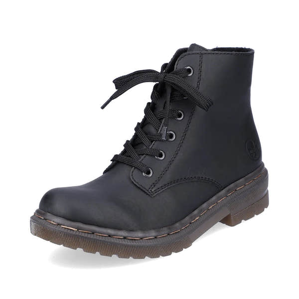 Rieker 78240-00 women's black zip & lace ankle boots, front three-quarter view.