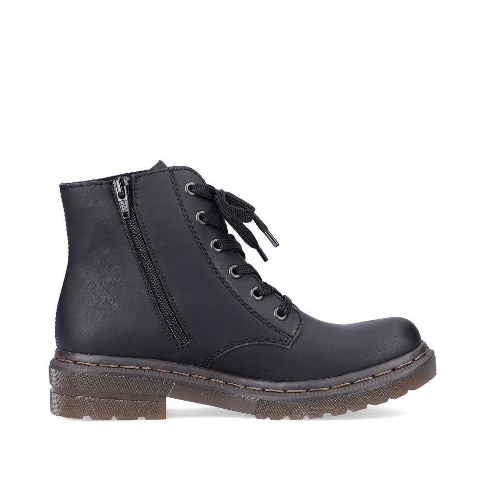 Rieker 78240-00 women's black zip & lace ankle boots, outer side view.