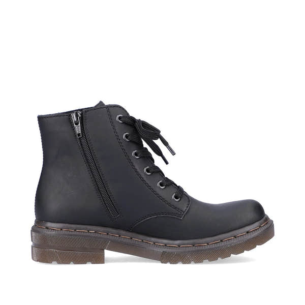 Rieker 78240-00 women's black zip & lace ankle boots, outer side view.