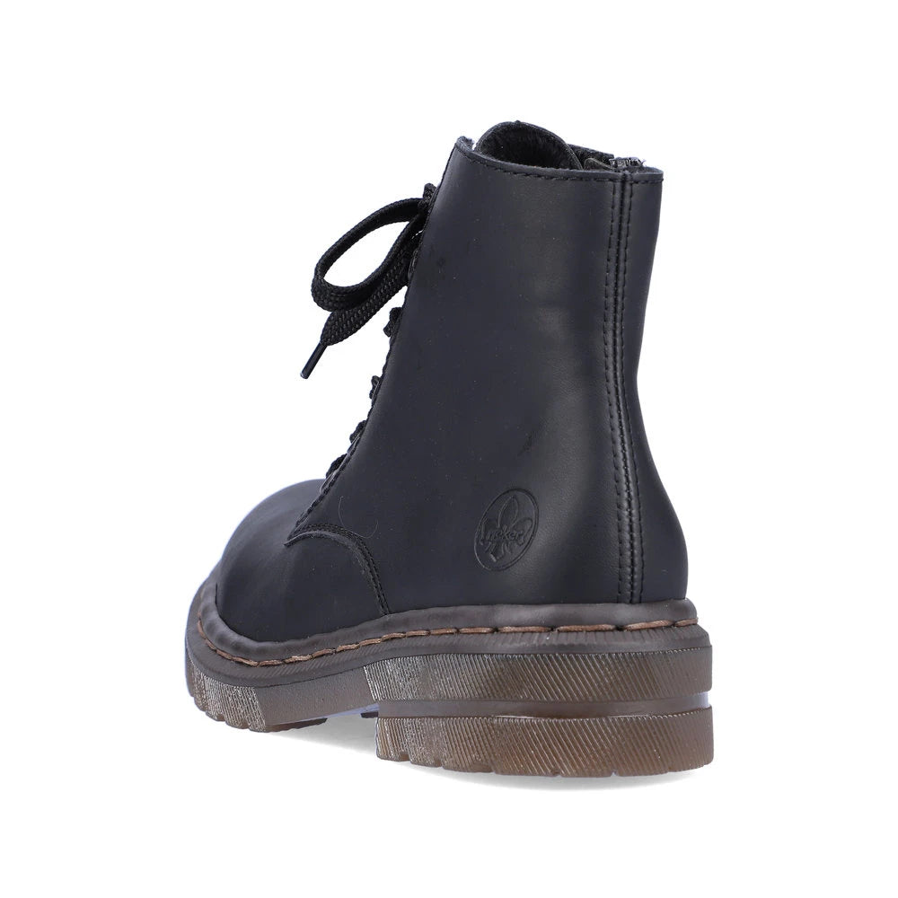 Rieker 78240-00 women's black zip & lace ankle boots, rear three-quarter view.