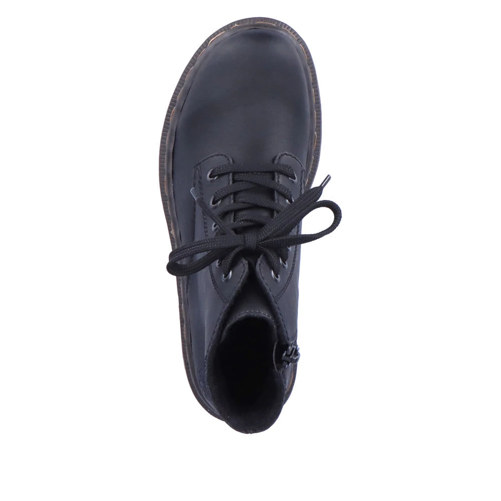 Rieker 78240-00 women's black zip & lace ankle boots, top view.