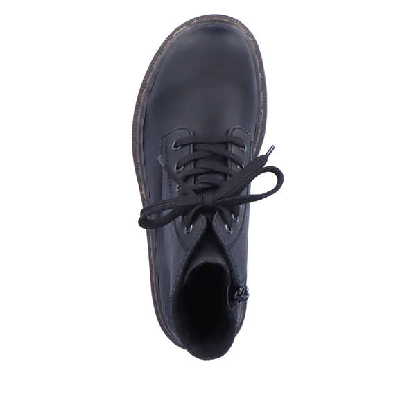 Rieker 78240-00 women's black zip & lace ankle boots, top view.