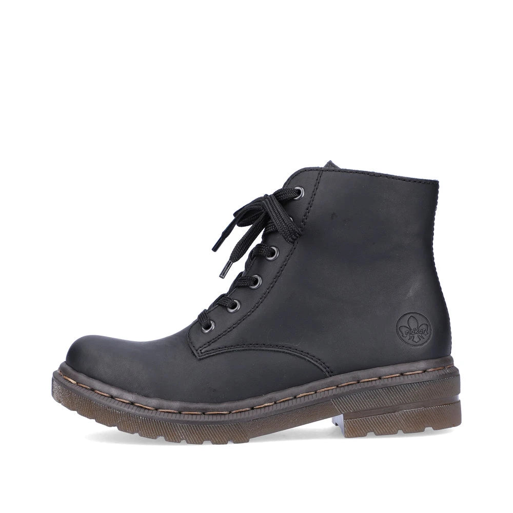 Rieker 78240-00 women's black zip & lace ankle boots, inner side view.