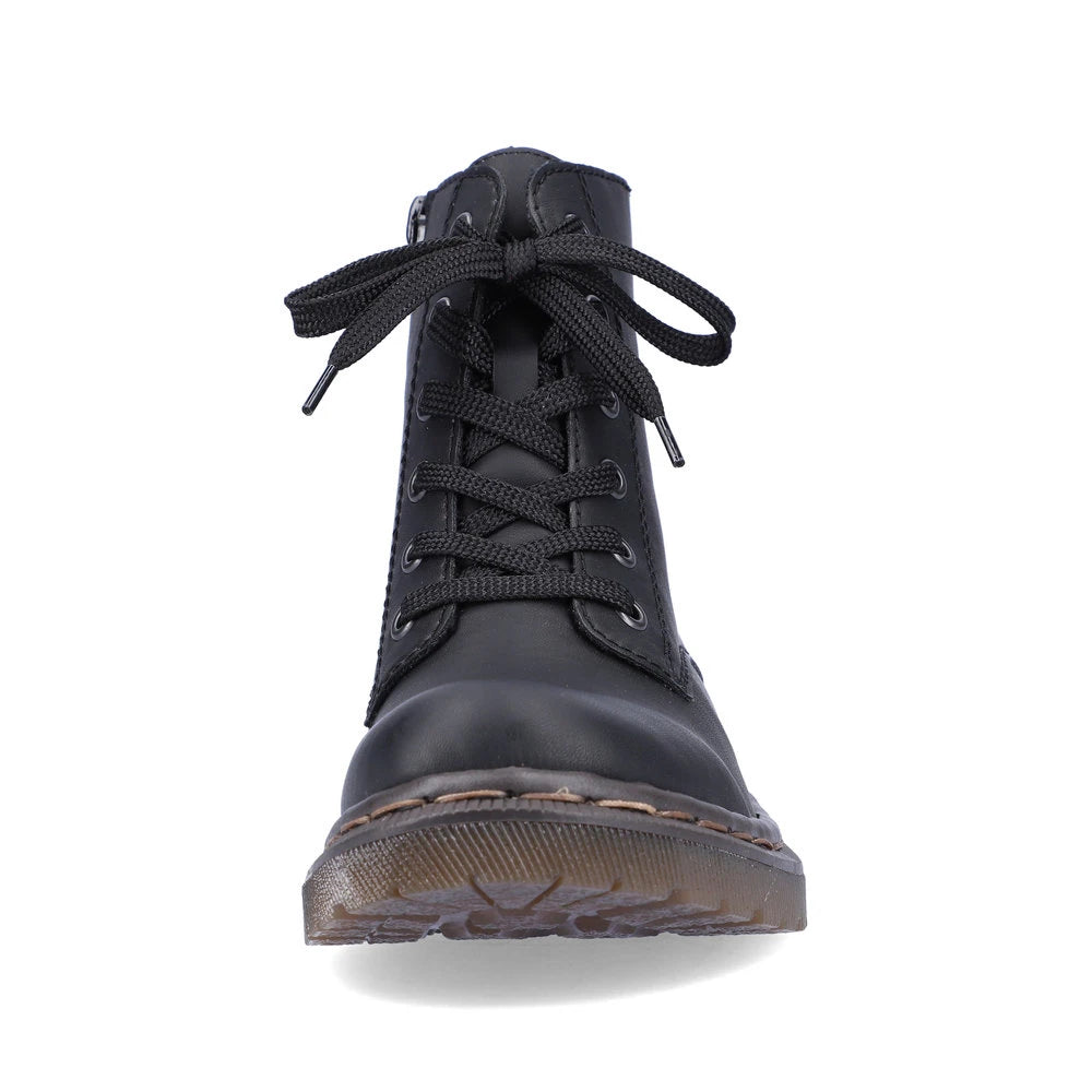 Rieker 78240-00 women's black zip & lace ankle boots, front view.